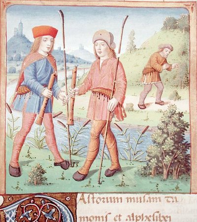 Shepherds by a river, from The Eclogues by Virgil with a commentary by Servius by French School
